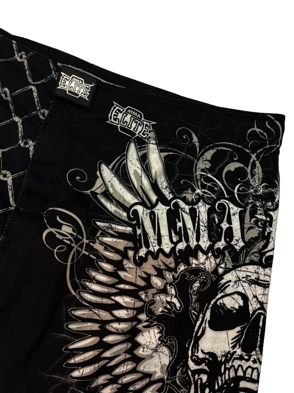 MMA Elite Fighting Shorts Black Skull Wings Cage Design Training Mens XL X-Large